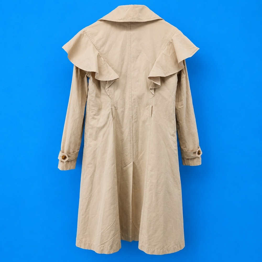 Anthropologie Women's Beige Ruffle Trench Coat Double Breasted Long Jacket XS - Picture 3 of 11